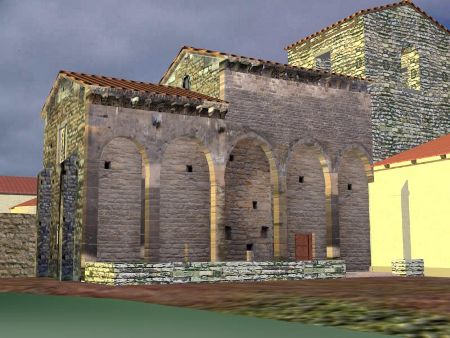 C&aacute;mara Santa: corte del interior de la cripta de Santa LEocadia y Capilla de San Miguel.