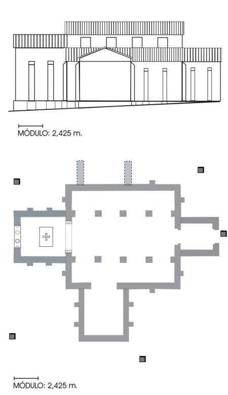 Bas&iacute;lica de San Tirso: planta y alzado hipot&eacute;ticos