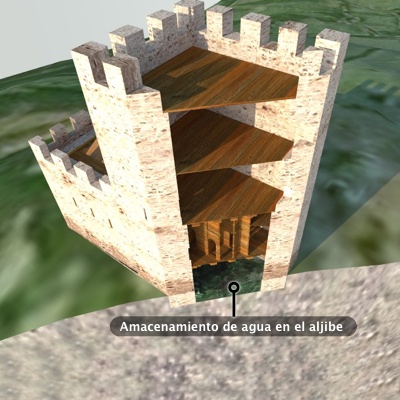 Corte mostrando el aljibe en el semisótano de la torre, destino final del agua captada en el adarve almenado.