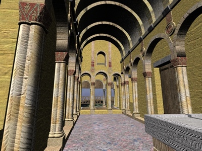 Interior abovedado con arcos fajones. Sala central de Santa María de Naranco.