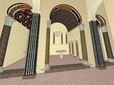Iglesia de Santa María. Cuerpo absidal compuesto de tres altares en sus respectivas capillas, esquema clásico de los edificios basilicales del Prerrománico Asturiano.