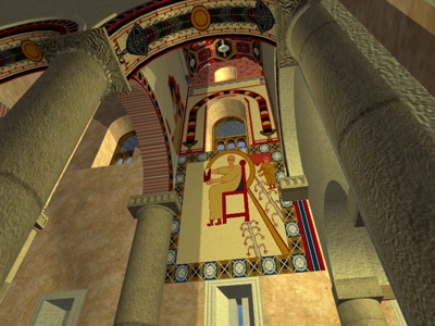 Reconstrucción de San Miguel de Liño. Detalle de las pinturas en la nave lateral sur.