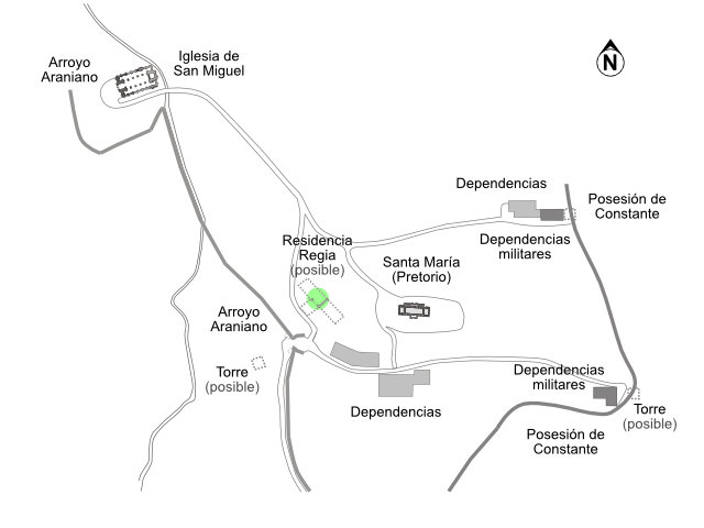 Monte Naranco. Villa de Linio. Planta hipotética del conjunto edilicio de Ramiro I (842-850)