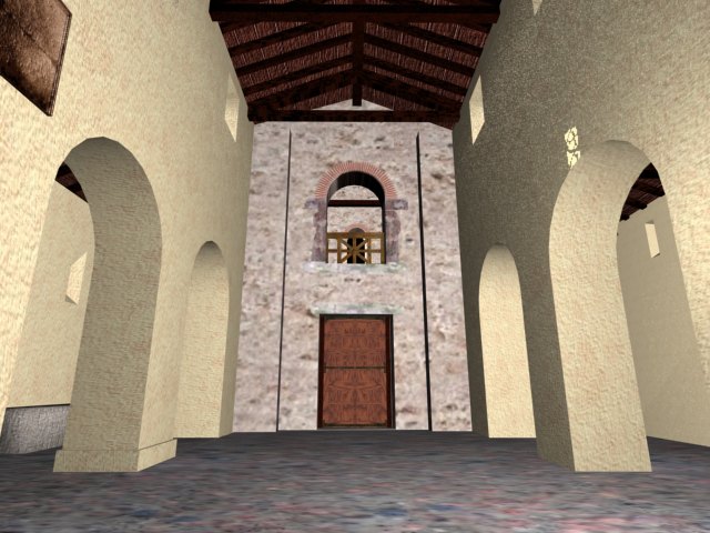 Vista de la nave central de Santo Adriano de Tuñón, hacia la tribuna.