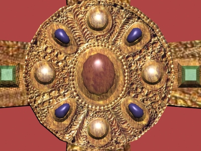 Detalle de los engastes del medallón central de la "Cruz de los ángeles".