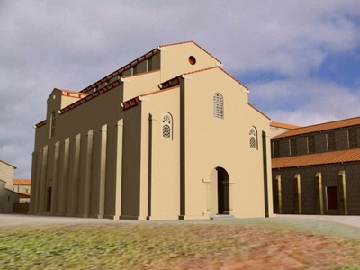 Pórtico tripartito integrado en el cuerpo del edificio, típico de los edificios monumentales de la arquitectura religiosa del Reino de Asturias.