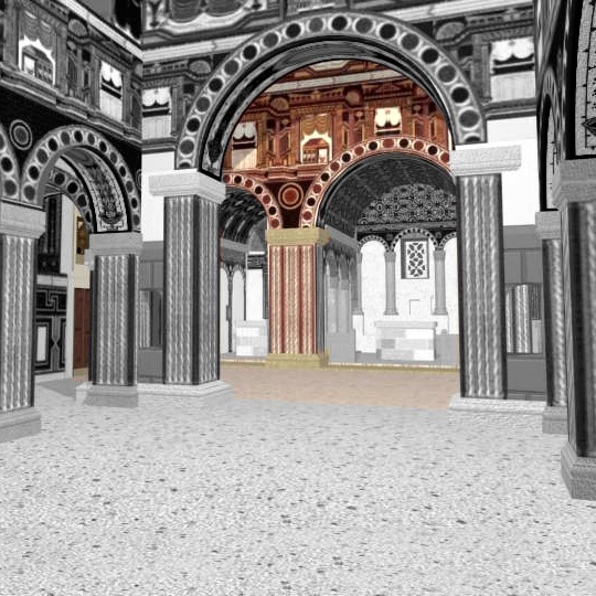 San Julián de los Prados. Presbiterio ubicado en el interior de transepto concebido arquitectónicamente como ámbito yuxtapuesto al cuerpo de naves.