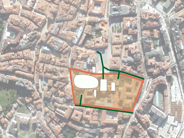 Propuesta de trazado de la muralla de Alfonso II por parte de J. I. Ruiz de la Peña e Isabel Suárez Beltrán.