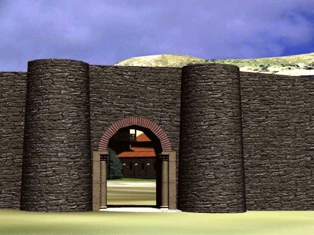 Reconstrucción hipotética de la puerta de Sansón en la segunda de sus dos posibles ubicaciones. Acceso a los palacios episcopales.