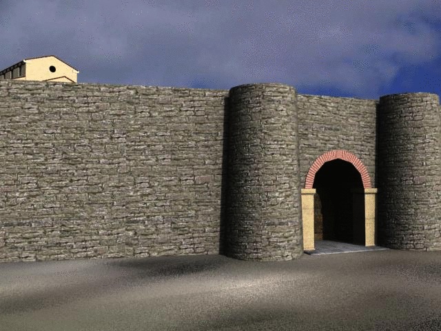 Hipótesis de reconstrucción de la puerta de Santa María. Entrada al recinto episcopal desde la esquina noroeste, con acceso a la basílica de Santa María.
