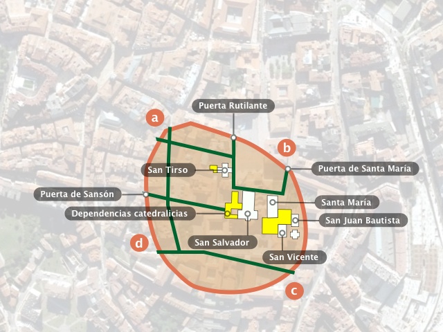 Proyección del trazado de la muralla de Alfonso II sobre el casco antiguo de Oviedo.