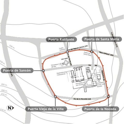 Ubicación de las puertas en la muralla de Alfonso II.