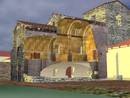 Cámara Santa: corte del interior de la cripta de Santa LEocadia y Capilla de San Miguel.